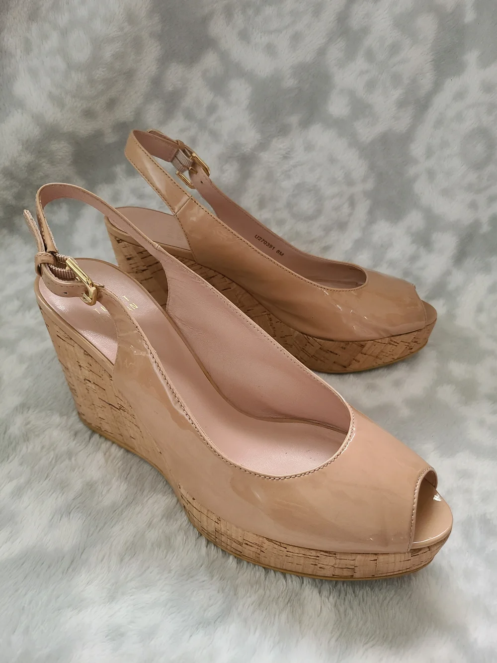 Stuart Weitzman Nude Patent Peep-Toe Cork Wedge Slingback Heels Size 8 - Picture 2 of 12